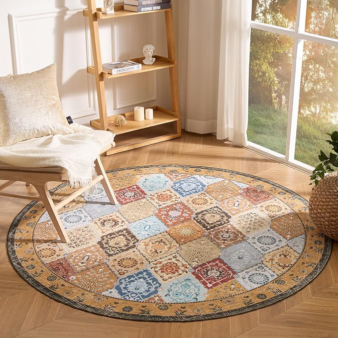 Phantoscope Washable Round Area Rug 6ft Non-Slip, Vintage Boho Rugs by Phantoscope