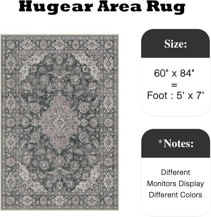 HUGEAR Retro Black Area Rug 5x7 Machine Washable Living Room Rugs Distressed - Image 2