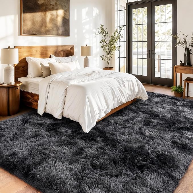 Tie-Dyed Black Grey Shaggy Rugs Fluffy Carpets, Indoor Modern Plush Area Rugs - Image 4