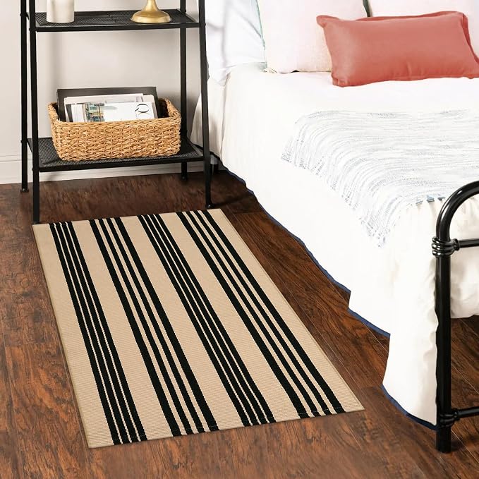 Black and Khaki Striped Rugs 2.3'x3.6', Washable Hand Woven Front Door Rug - Image 8