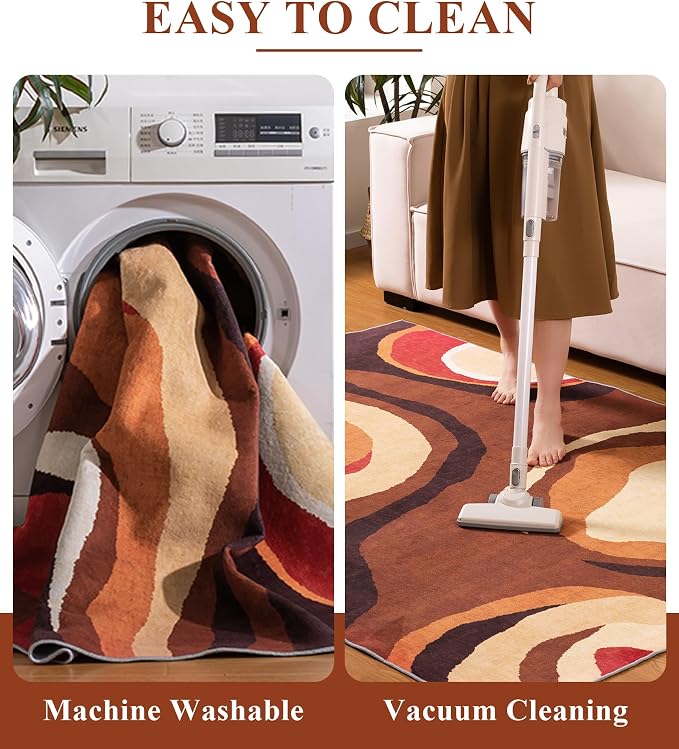 YIHOUSE Burnt Orange Rug 3x5 Washable, Farmhouse Brown Retro Carpets, Geometric - Image 4