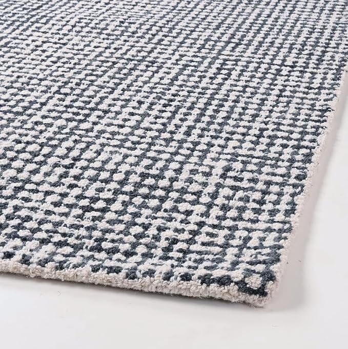 Hand-Tufted 100% Wool Pile Area Rug – Geometric Textured Grid Check Pattern – by RestorationandRenovation