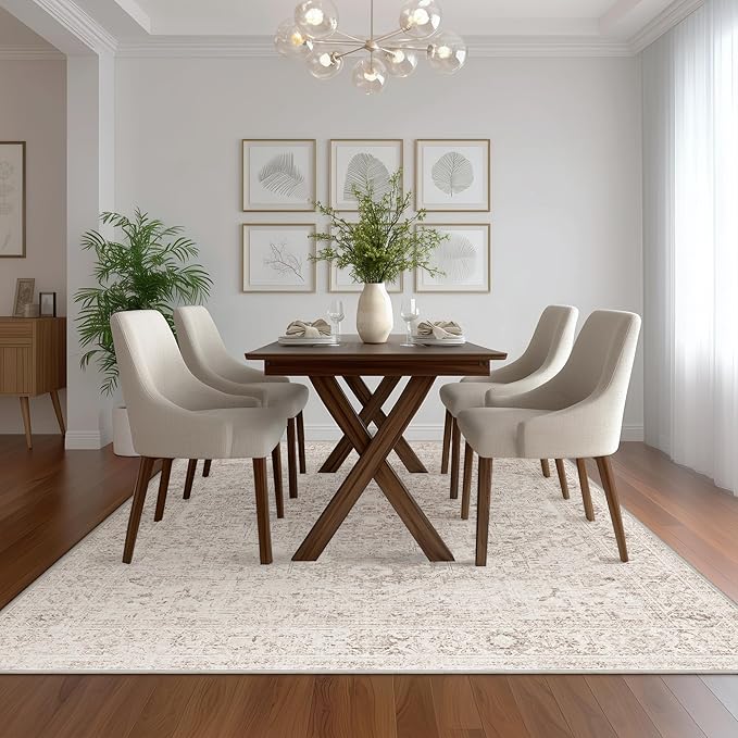 FMFUNCTEX 6x9 Washable Area Rug Beige Vintage Neutral Distressed Oriental Large - Image 4
