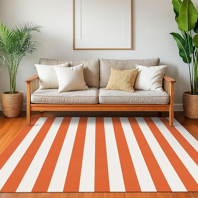 KOZYFLY Striped Outdoor Rug 4x6 Ft Orange and White Halloween Fall Hand Woven - Image 2
