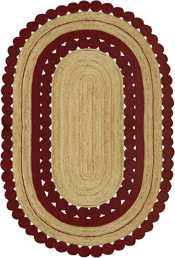 8x10 Jute Oval Rug – Natural Kilim Flatweave Rug, Solid Red Beige Hand Braided by CASAVANI