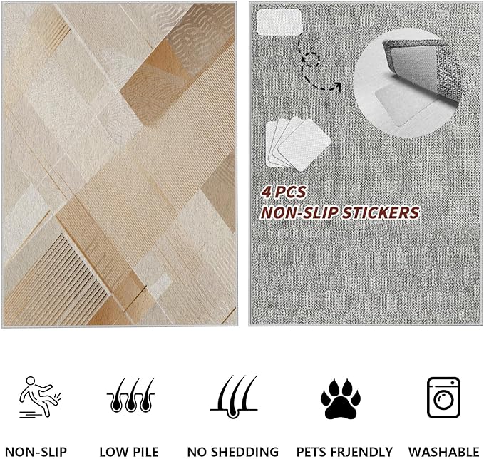 Minimalist Abstract Area Rug 5x8 Brown Boho, Modern Washable Stripe Art Rugs - Image 7