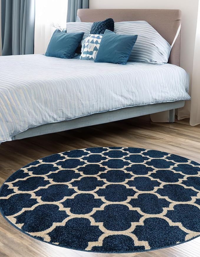 Rugs.com Lattice Collection Rug – 3 Ft Round Dark Blue Medium-Pile Rug Perfect by Rugscom