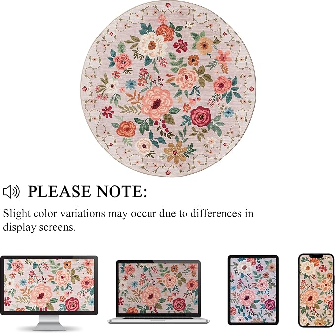 DUKINO Floral Round Rug, 6ft Washable Circle Rug, Non Slip Indoor Low Pile - Image 9