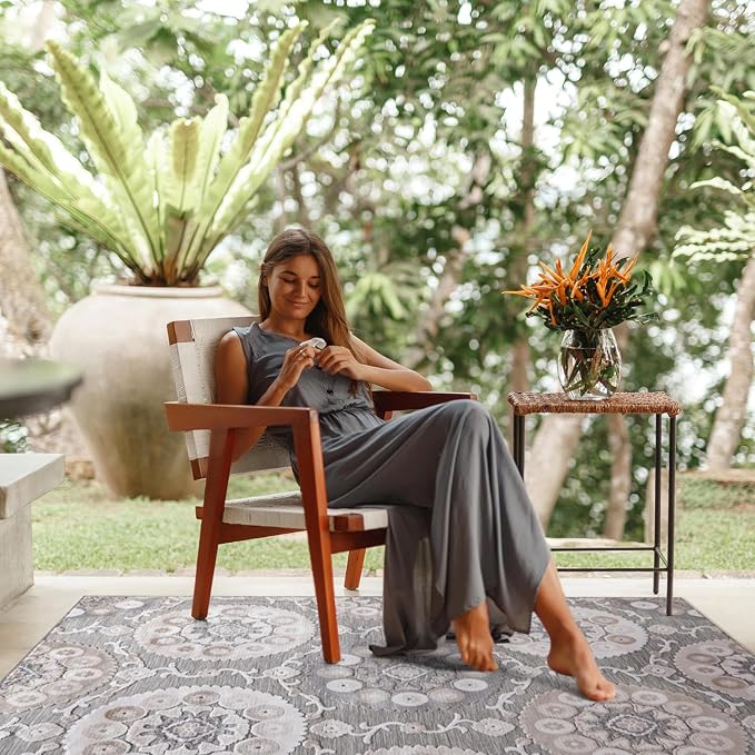 CAMILSON Indoor Outdoor Rug 10x14 Bohemian Medallion Floral Area Rugs - Image 8