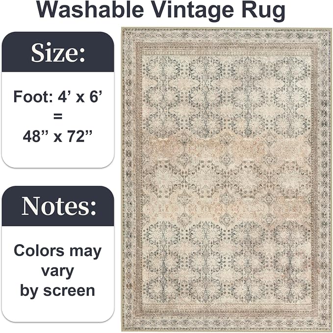 4x6 Area Rug for Bedroom Machine Washable, Non Slip Vintage Floral Kitchen Rugs - Image 2