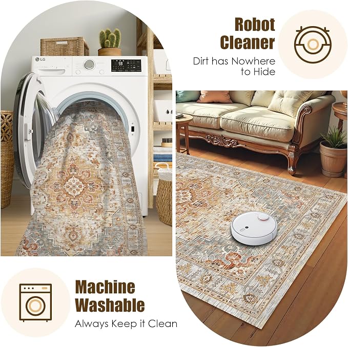 Washable Area Rug 9' x 12' Vintage Traditional Persian Mat - Image 7