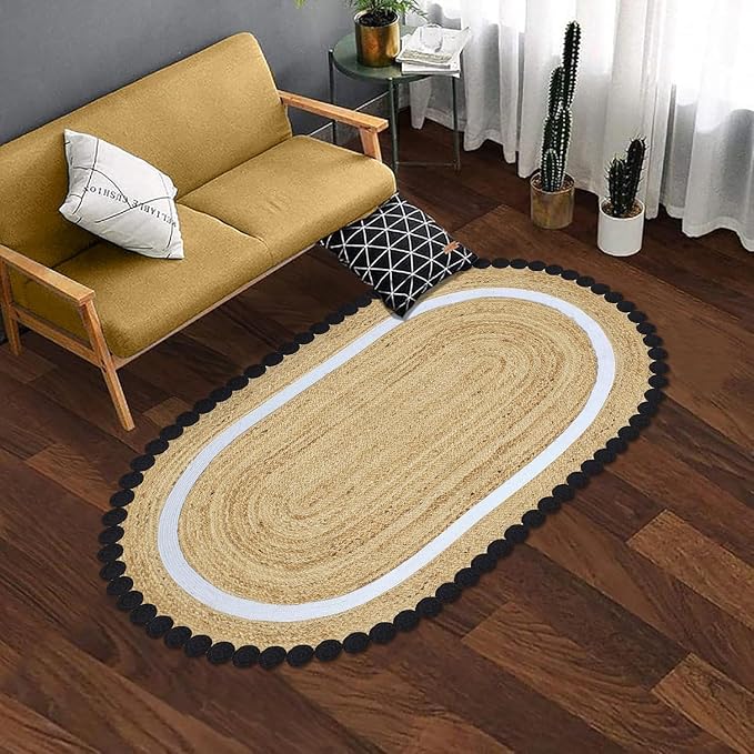 Kilim Oval Rug 4x6 Oval Flatweave Rug Natural Jute Thick 0.27" Solid Pattern - Image 2
