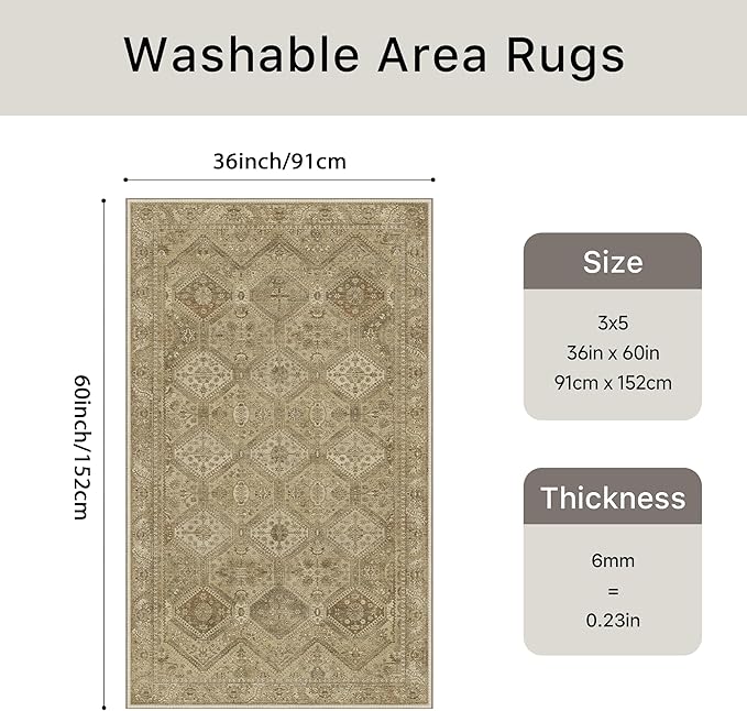 Bavni 3x5 Area Rugs for Living Room, Machine Washable Rug Non Slip, Vintage - Image 2