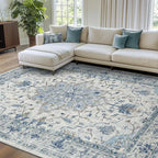 Area Rugs 8'x10' Washable Non-Slip, Floral Vintage Distress Print Pattern by RELEANY