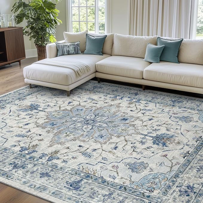 Area Rugs 8'x10' Washable Non-Slip, Floral Vintage Distress Print Pattern by RELEANY