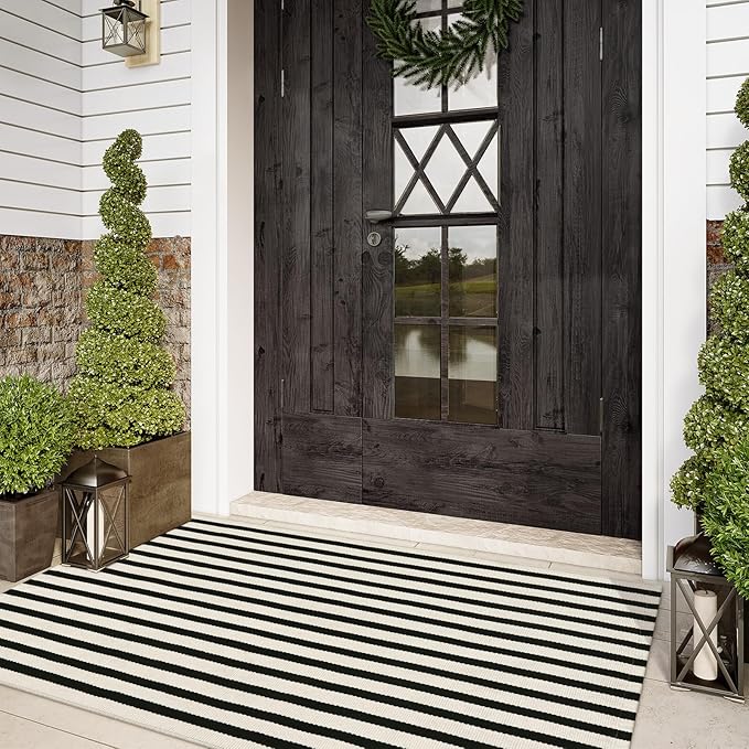 Striped Outdoor Rugs 3'x5', Cotton Hand Woven Rug Front Door Mat, Washable by Sungea