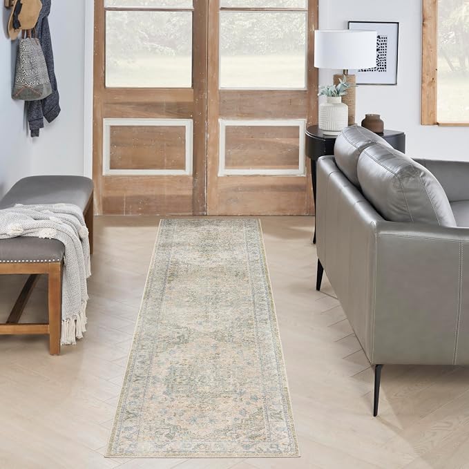 Nourison Home Astra Machine Washable Blue Green 2'2" x 10' Area Rug by NourisonHome