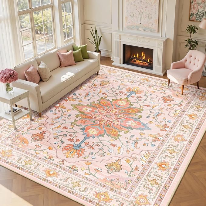 Area Rugs 9'x12' Washable Non-Slip, Floral Vintage Distress Print Pattern - Image 2