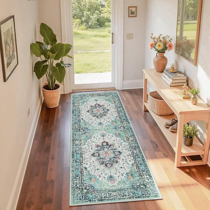 Area Rugs 2'x6' Washable Non-Slip, Floral Vintage Distress Print Pattern by RELEANY