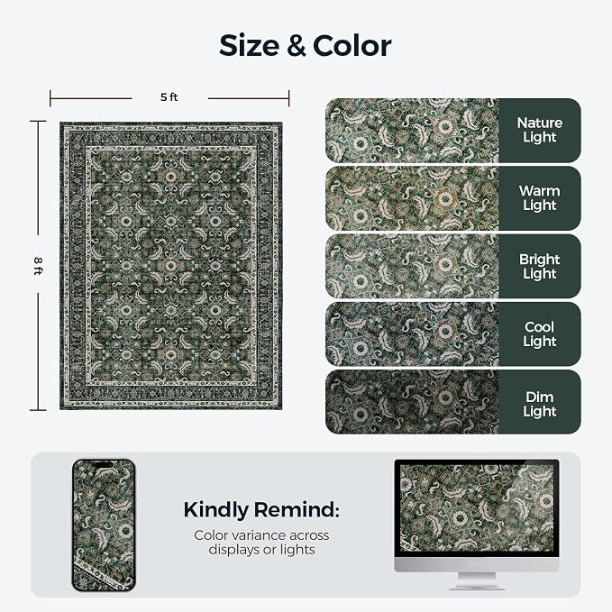 WITSHOCK Living Room Area Rugs 5x8: Soft Non-Slip Backing Washable Rugs Vintage - Image 2
