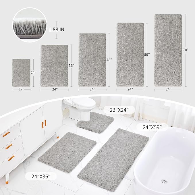 Gray Bathroom Runner Rug 24x59 Non Slip Fluffy Long Bath Mat - Image 2