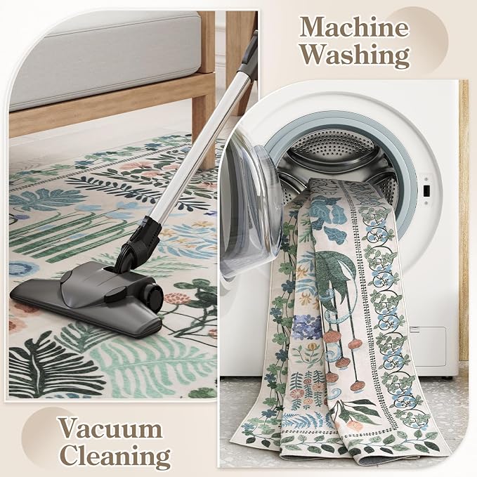 Floral Boho Beige Washable 3x5 Bathroom Entrance Rugs Indoor, Non Slip Flower - Image 5