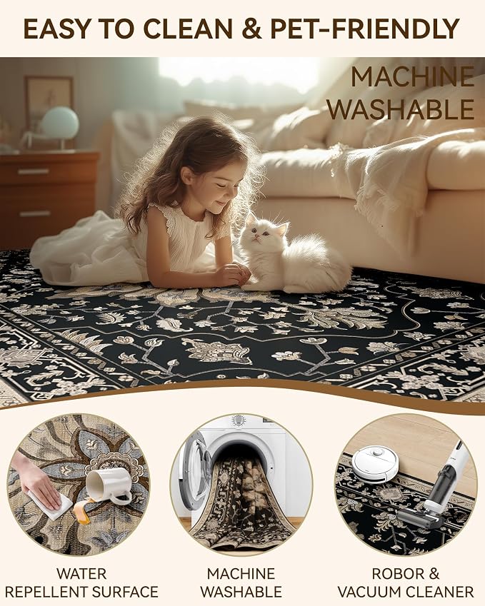 Area Rugs 2'x10' Washable Non-Slip, Floral Vintage Distress Print Pattern - Image 6