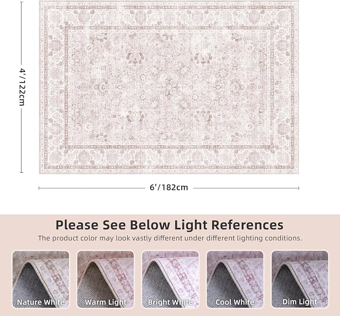 Light Pink 4x6 Rugs for Bedroom Nursery Rug Vintage Aesthetic Cute Boho Floral - Image 2