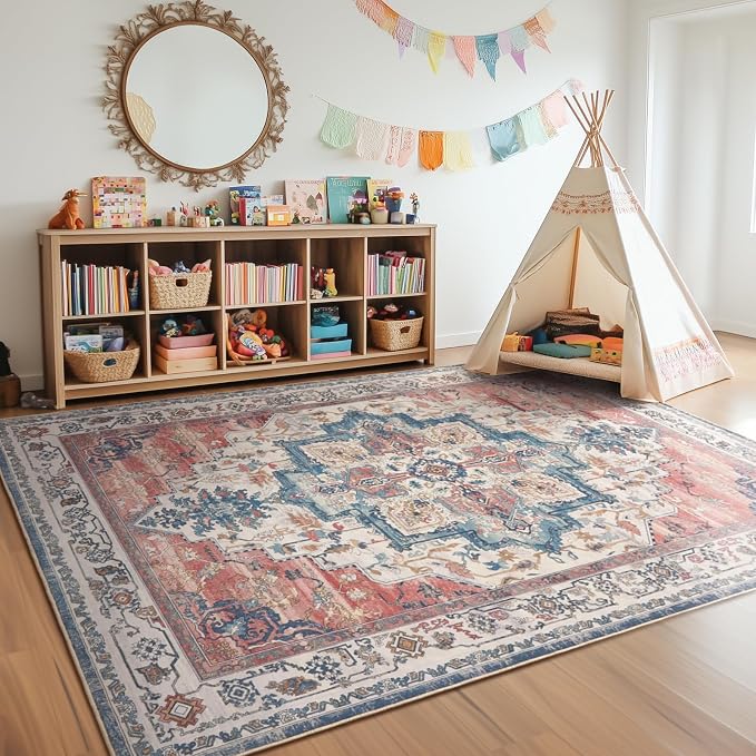 Boho Rugs for Bedroom Girls Playroom, Distressed Medallion Printed 8x10 Rugs - Image 3