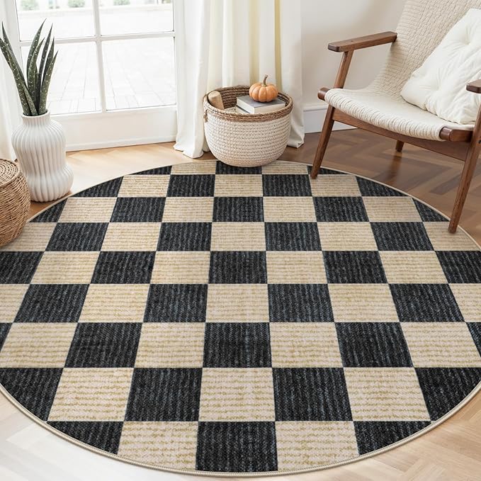 LIVEBOX Checkered Round Rug 6 Ft Washable Area Rug by LIVEBOX