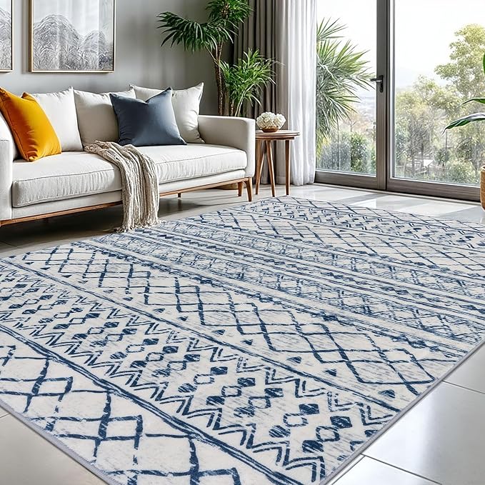 KUTA Moroccan 8x10 Rugs for Living Room Blue White, Washable Boho Area Rug by KUTA