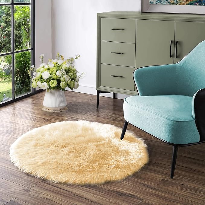 Latepis Yellow Circle Rug Faux Sheepskin Fur Round Rugs 4ft Washable Cute Plush by Latepis