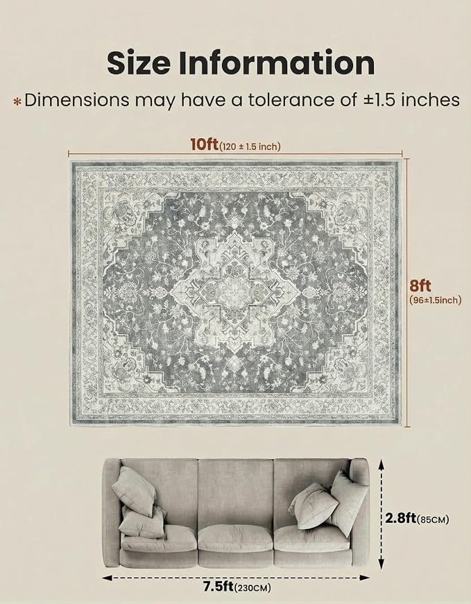 Marsail 8x10 Machine Washable Area Rug, Soft & Slip-Resistant, Vintage Floral - Image 2