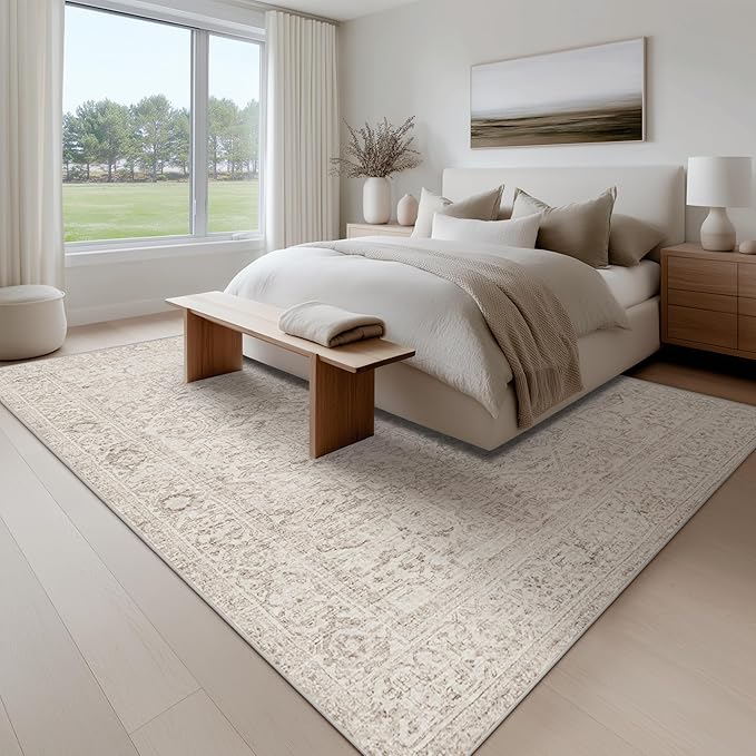 Fmfunctex 9x12 Washable Area Rug Beige Vintage Neutral Distressed Oriental - Image 3