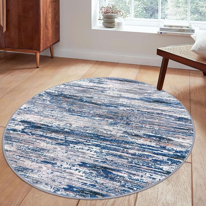 5' Round Rug Washable Rug for Entryway, Neutral Vintage Circle Rugs for Living - Image 2
