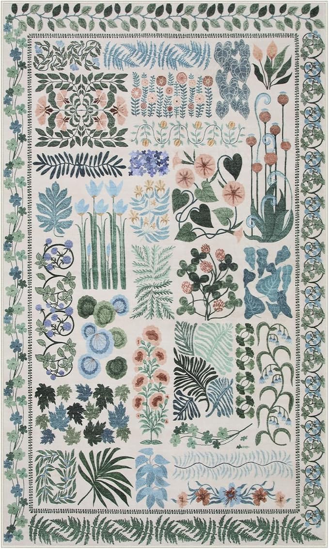 Floral Boho Beige Washable 3x5 Bathroom Entrance Rugs Indoor, Non Slip Flower - Image 9