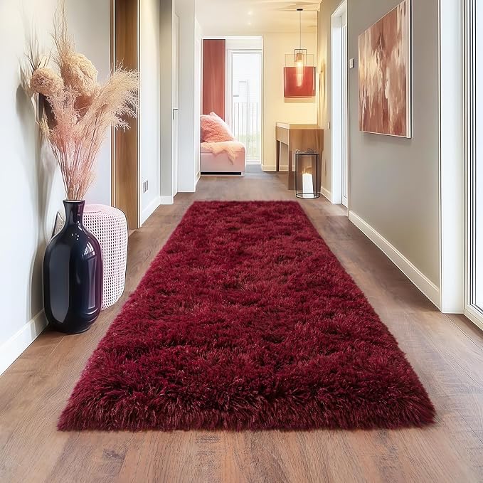Burgundy Runner Rug for Hallway, Bedroom Bedside Plush Rugs, Non Slip Fluffy - Image 4
