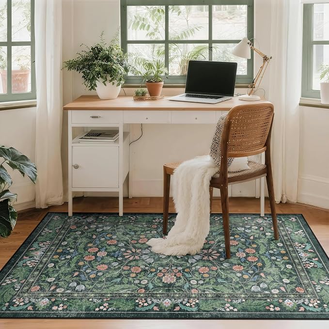 3x5 Washable Area Rug Floral Green Entryway Small Rug Vintage Forest Low Pile - Image 3