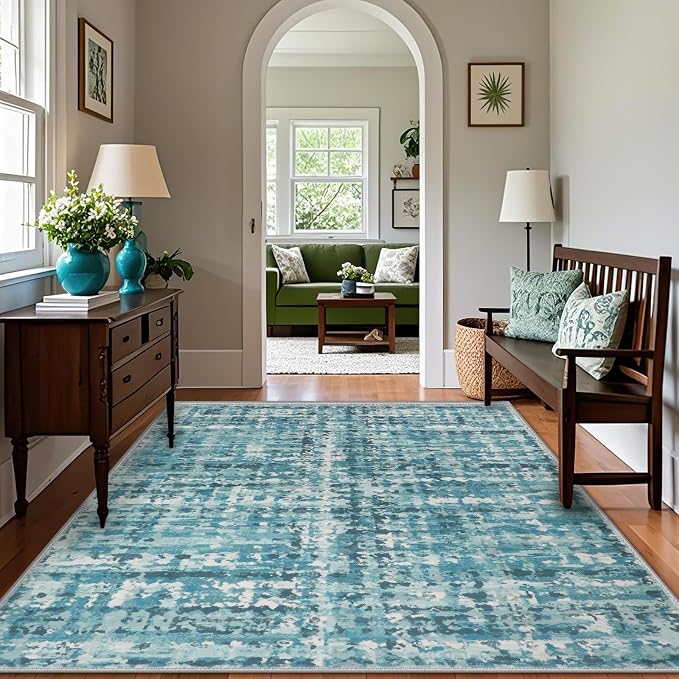 5x7 Abstract Area Rugs for Living Room, Modern Teal Blue Washable Indoor Rug - Image 3