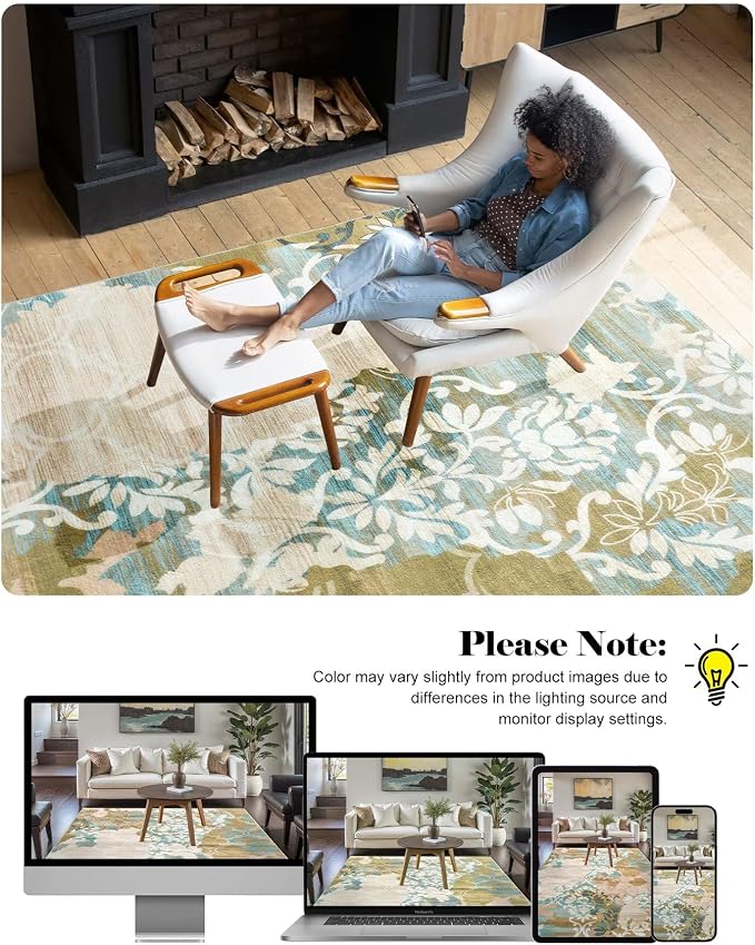 Washable Abstract Rug, 5x7 Willow Green and Blue Floral Area Rugs - Image 6