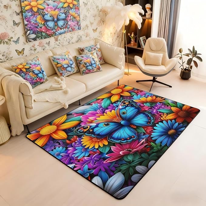 Colorful Butterfly 3x5 Area Rug Rainbow Flowers Rugs by Erosebridal