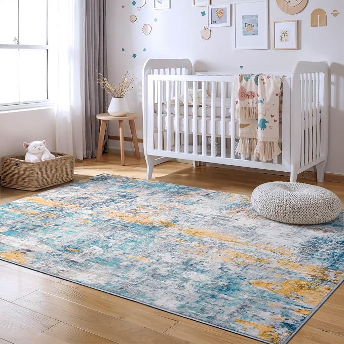 Entryway Rug 3x5 Blue Bedroom Area Rug Washable Non Slip Abstract Boho Rugs - Image 4