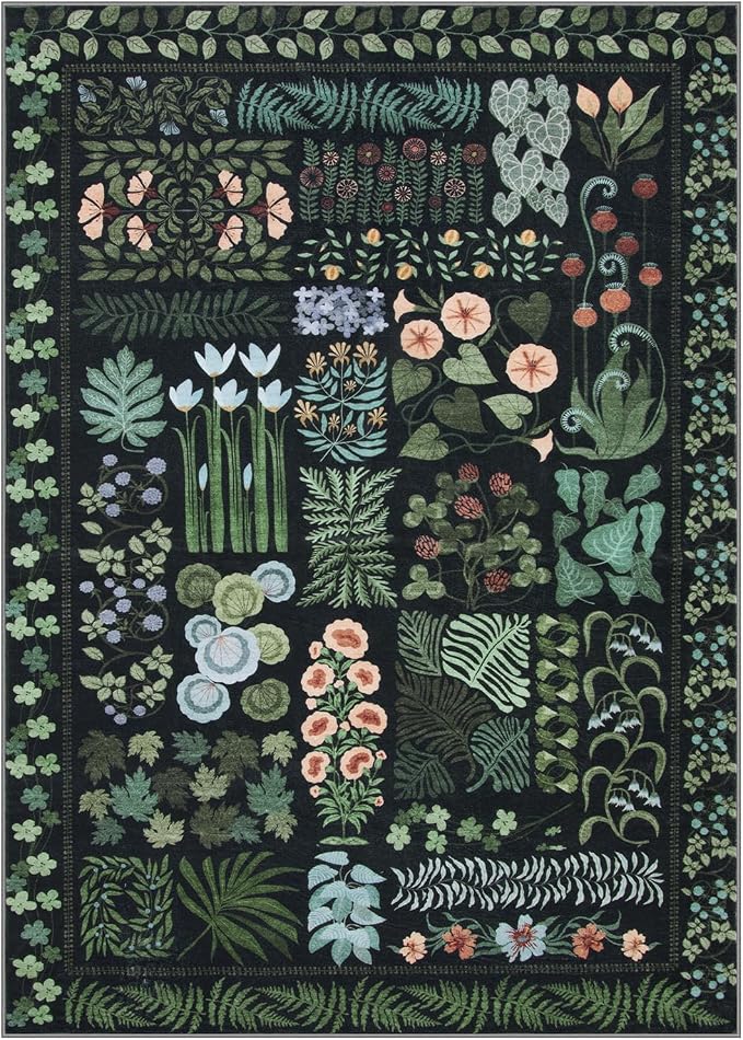 Floral Boho 5x7 Area Rugs for Living Room, Botanical Black Washable Bedroom Rug - Image 9