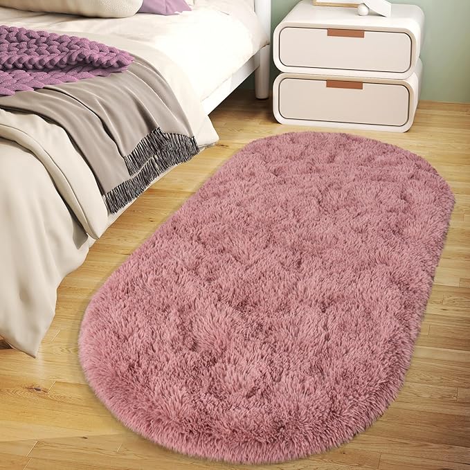 Soft Fluffy Area Rug for Bedroom, Blush Pink Fuzzy Shaggy Oval Throw Rugs for by WISHTREE