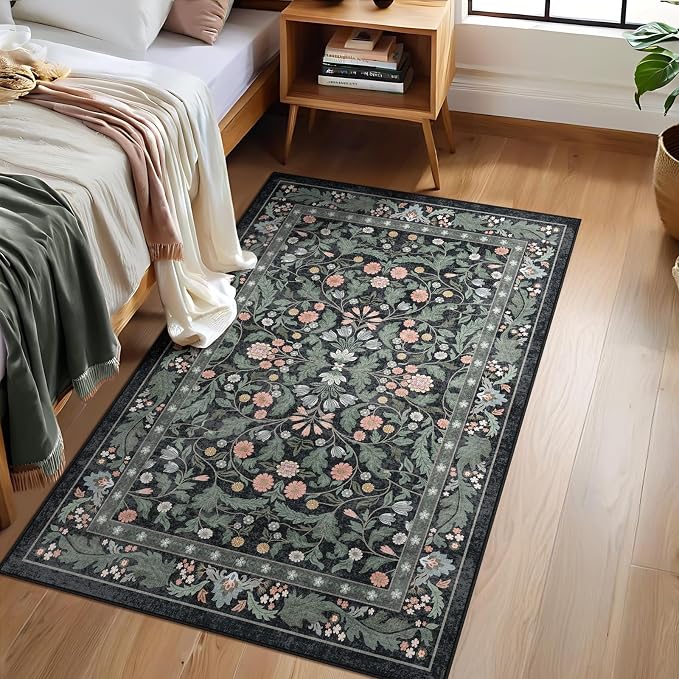 3x5 Washable Area Rug Floral Dark Green Entryway Small Rug Vintage Forest Low - Image 2