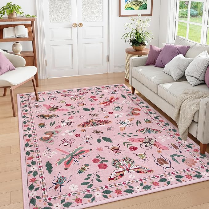 Lahome Insect Machine Washable Rugs 5x7, Soft Modern Pink Rugs by Lahome