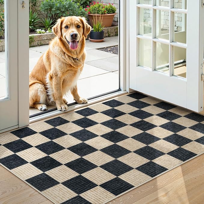 LIVEBOX 3x5 Washable Area Rug Checkered, Non-Slip Small Entryway Rug Black - Image 3