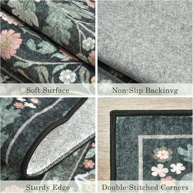 3x5 Washable Area Rug Floral Dark Green Entryway Small Rug Vintage Forest Low - Image 5