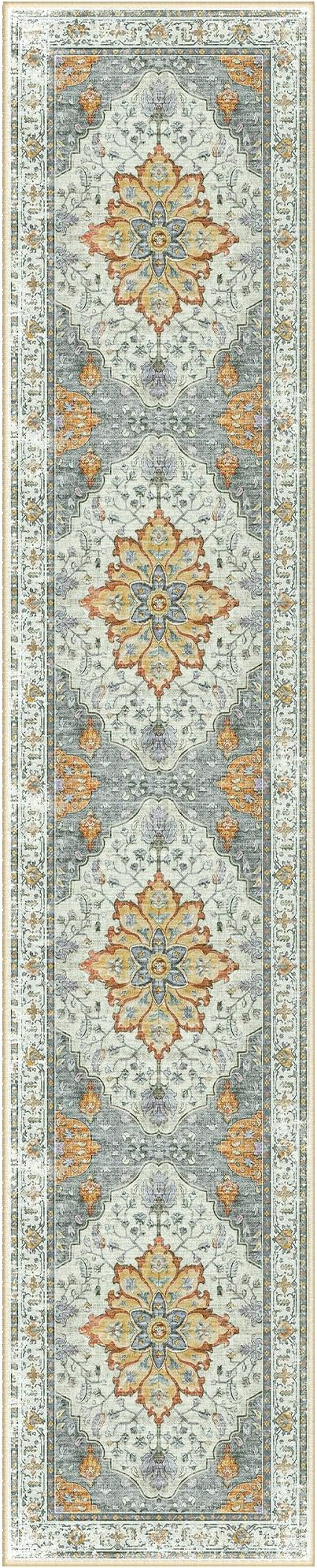 Area Rugs 2'6''x12' Washable Non-Slip, Floral Vintage Distress Print Pattern by RELEANY