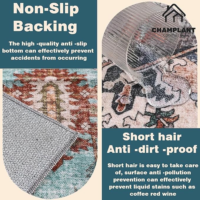 Washable Area Rug 9x12 Retro Flowers Boho Design Non-Shedding Easy Care Ideal - Image 4